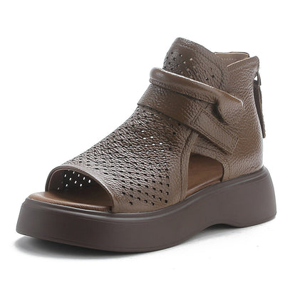 Women Retro Summer Genuine Leather Hollow Peep Toe Sandals