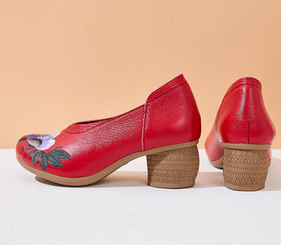 Ethnic Style Retro Genuine Leather Floral Embroidered Heeled Shoes