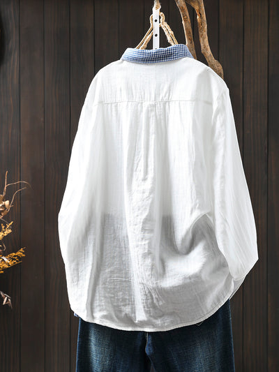 Women Spring Vintage Pure Cotton Solid Color Long Sleeve Blouse