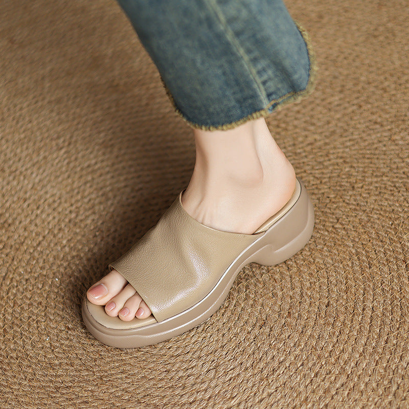 Top Genuine Leather Platform Everyday Open Toe Slippers