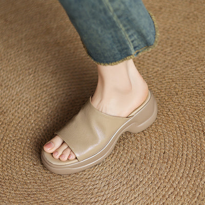 Top Genuine Leather Platform Everyday Open Toe Slippers