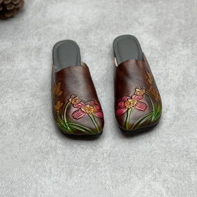 Retro Ethnic Style Embossed Flat Genuine Leather Slippers