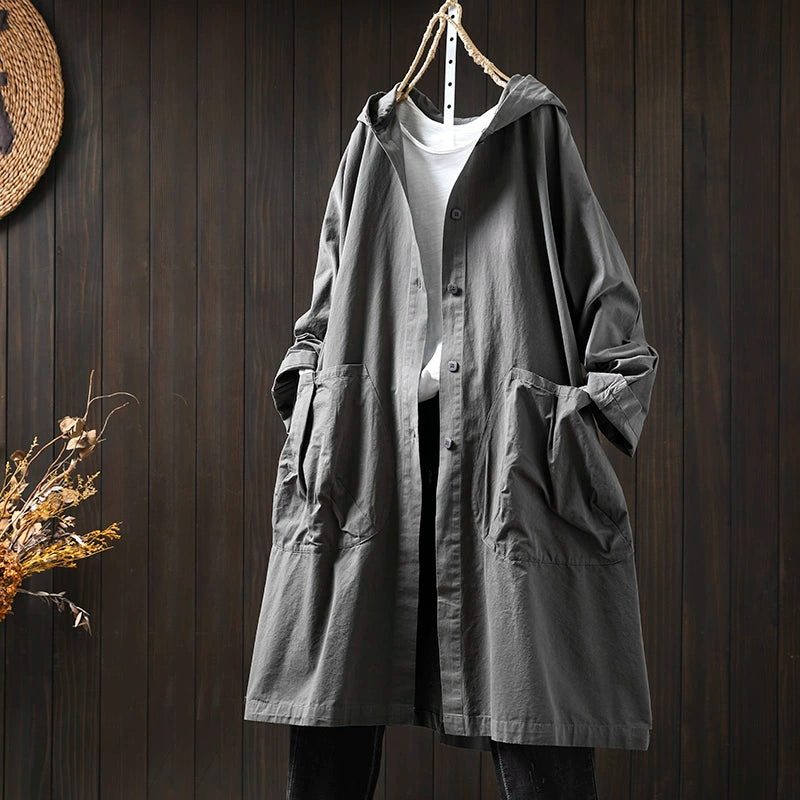 Women Spring Retro Pure Cotton Hooded Coat with Pockets