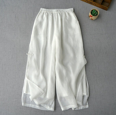 Women Retro Double-Layer Lightweight Ramie Wide-Leg Trousers