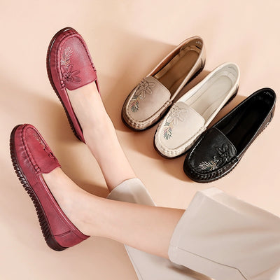 Babakud Women Spring Vintage Floral Leather Flat Loafers
