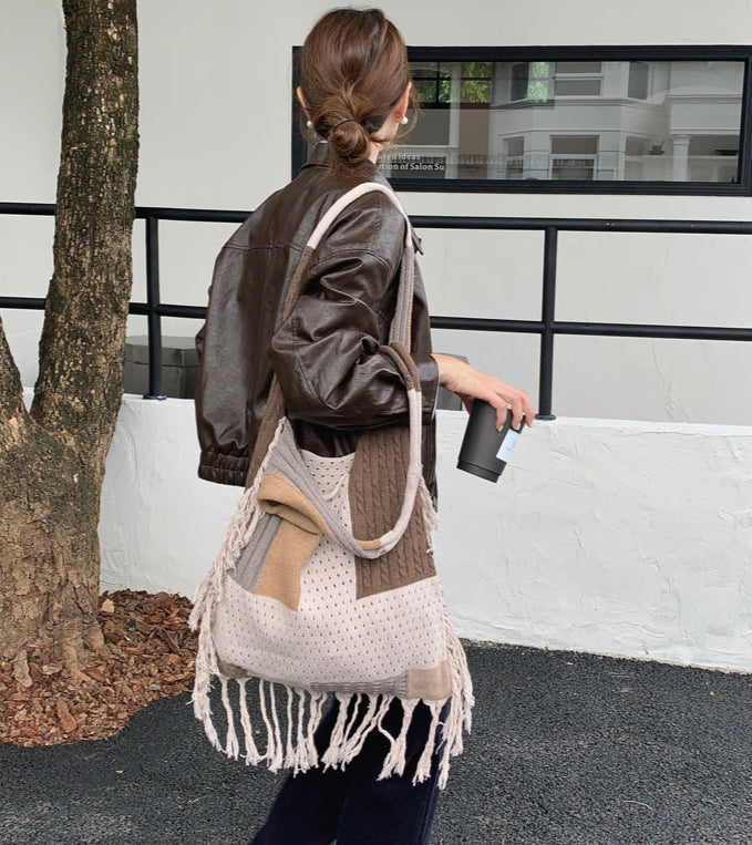 Casual Large Capacity Color Block Tassel Knit Shoulder Bag