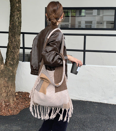 Casual Large Capacity Color Block Tassel Knit Shoulder Bag