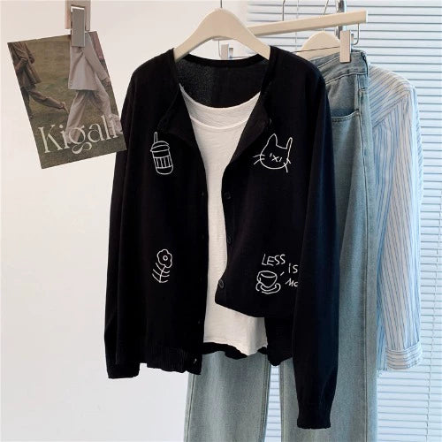 Women Retro Cute Knitted Embroidered Round Neck Cardigans