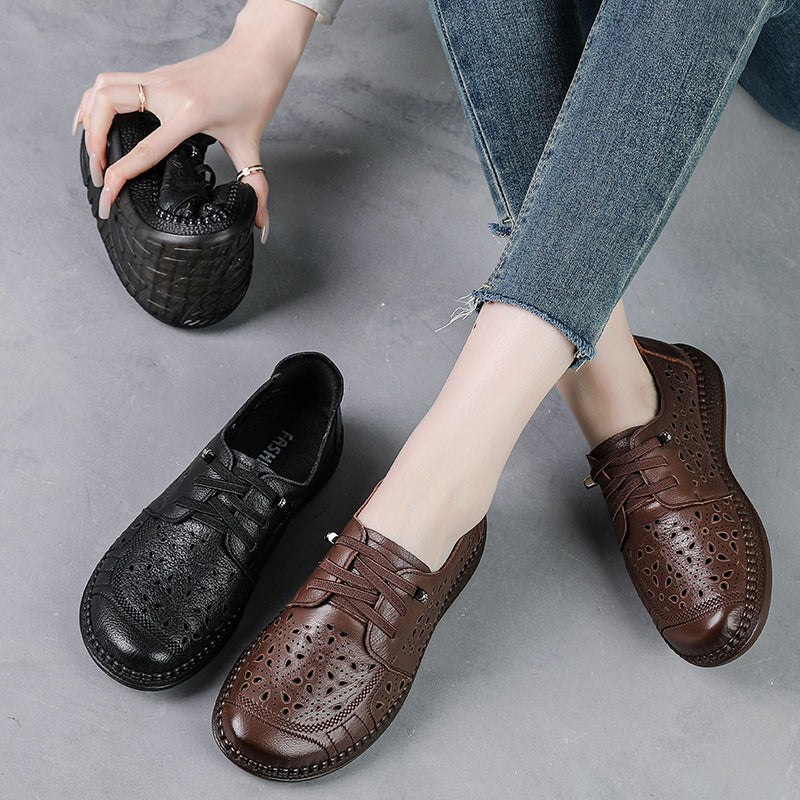 Women Summer Genuine Leather Ethnic Style Hollow Peep Toe Sandals