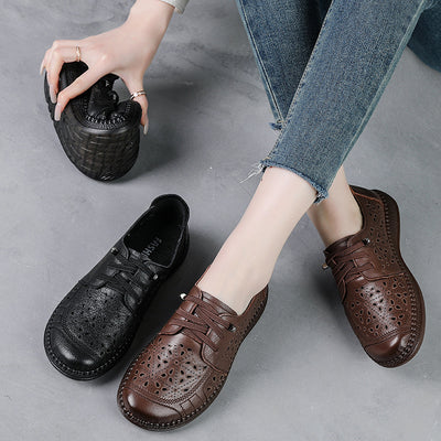 Women Summer Genuine Leather Ethnic Style Hollow Peep Toe Sandals