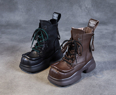 Ladies Stylish Square Toe Platform Lace-Up Leather Martin Boots