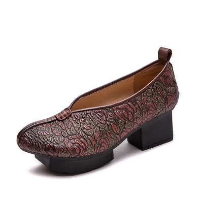 Ladies Vintage Floral Embossed Leather Block Heel Shoes