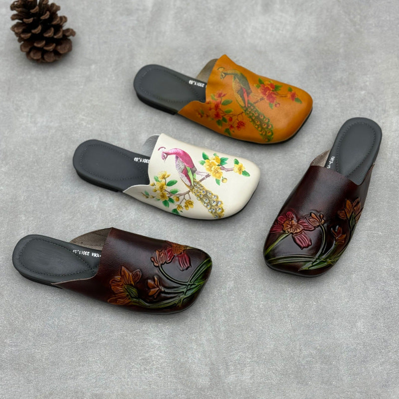 Retro Ethnic Style Embossed Flat Genuine Leather Slippers