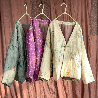 Women Chinese Style Vintage Printed Cotton Linen Coat