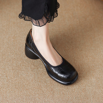 Retro Leather Round Toe Shallow Chunky Slip-On Shoes