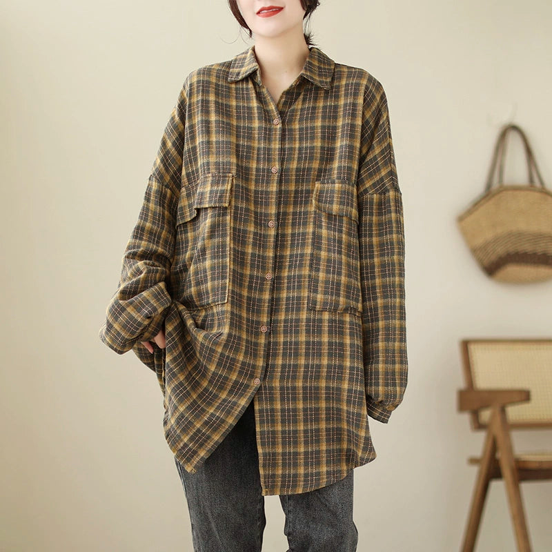 Plus Size Women Trendy Retro Spring Plaid Loose Cotton Shirt