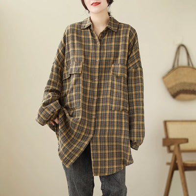 Plus Size Women Trendy Retro Spring Plaid Loose Cotton Shirt