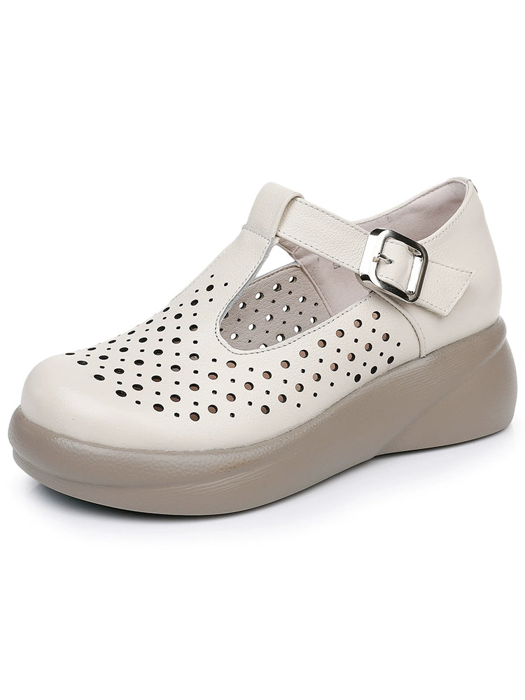 Women Summer Retro Leather Hollow Platform Sandals