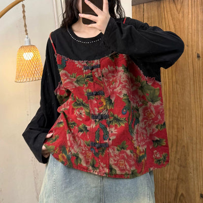 Women Spring Retro Cotton Printed Floral Loose Vest