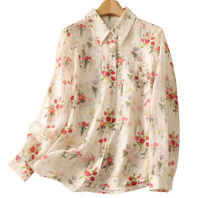 Women Spring Retro Cotton-Linen Printed Floral Long Sleeve Blouse