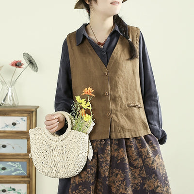 Women Spring Artistic Solid Color Linen V-Neck Vest