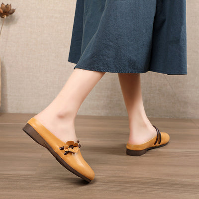 Minimalist Genuine Leather Flower Low-Heel Slippers for Women