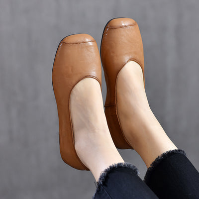 Women Retro Comfortable Square Toe Cowhide Flat Shoes Loafers