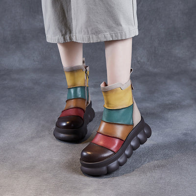 Women Vintage Color Block Platform Leather Short Boots