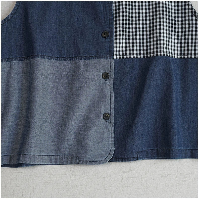 Babakud Retro Summer Denin Patchwork Plaid Sleeveless Top