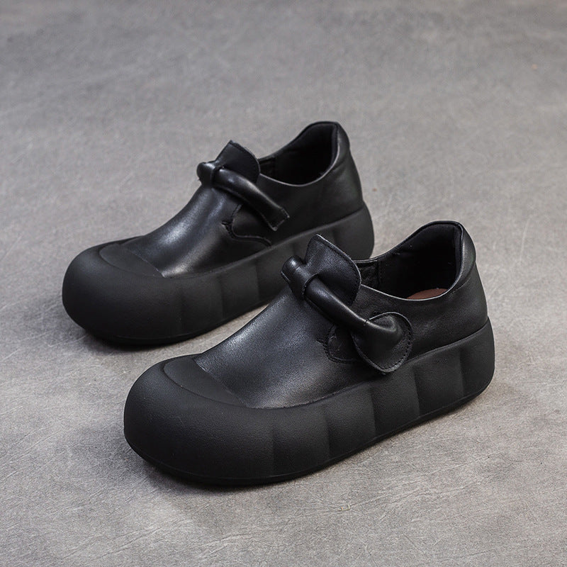 Ladies Retro Leather Platform Soft Sole Round Toe Slip-Ons