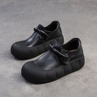 Ladies Retro Leather Platform Soft Sole Round Toe Slip-Ons