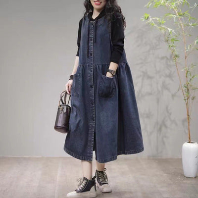 Casual Fashion Ruched Pockets Sleeveless Denim Midi Dresses