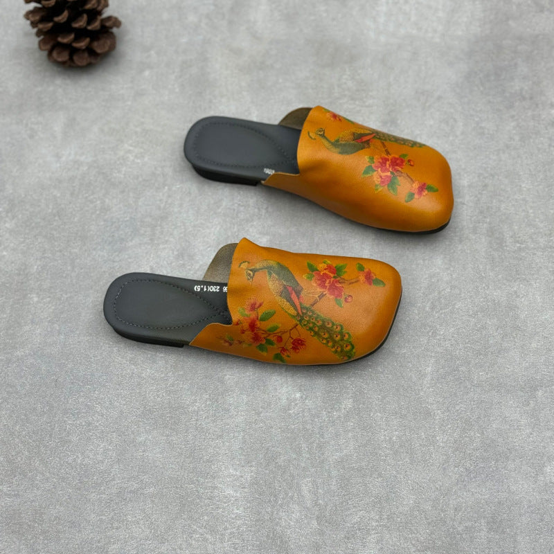 Retro Ethnic Style Embossed Flat Genuine Leather Slippers