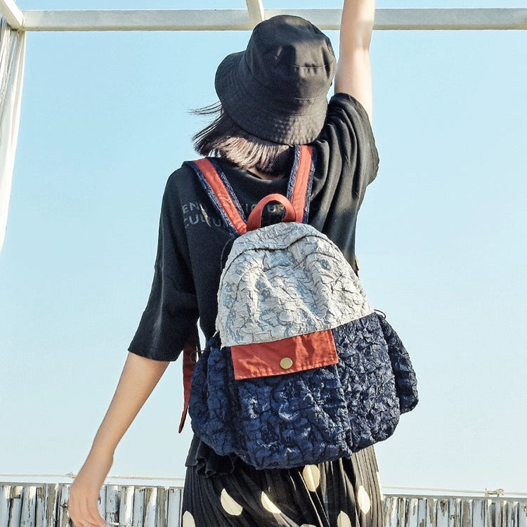 Babakud Retro Wide Strap Cotton Color Block Casual Backpack
