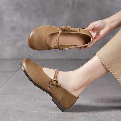Women Retro Top Genuine Leather Round Toe Soft Sole Flats Shoes