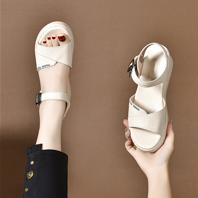Summer Casual Leather Open Toe Soft Thick Sole Velcro Sandals