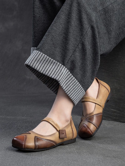 Top Genuine Leather Retro Color Block Soft Sole Flats Shoes
