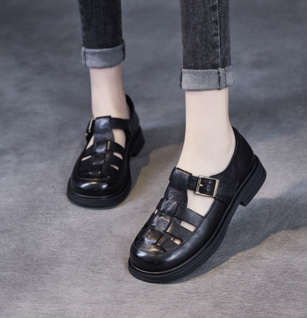 Babakud Women Spring Genuine Leather Hollow-Out Round-Toe Flat Sandals
