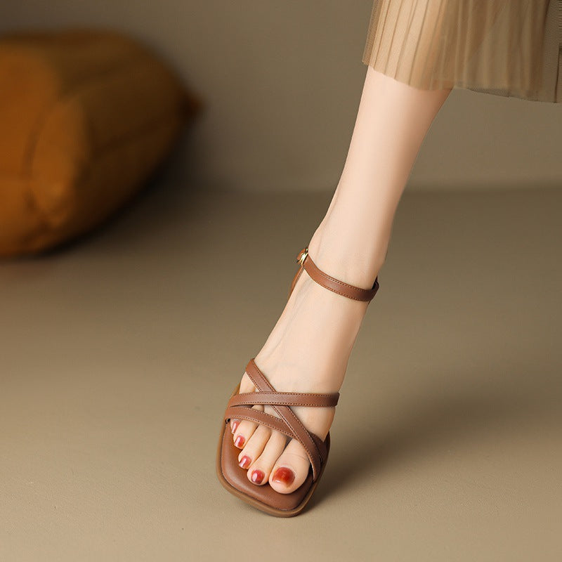 Babakud Retro Genuine Leather Open Toe Chunky Woven Sandals