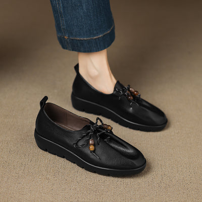 Sheepskin Leather Round Toe Lace-Up Shallow Loafer Shoes