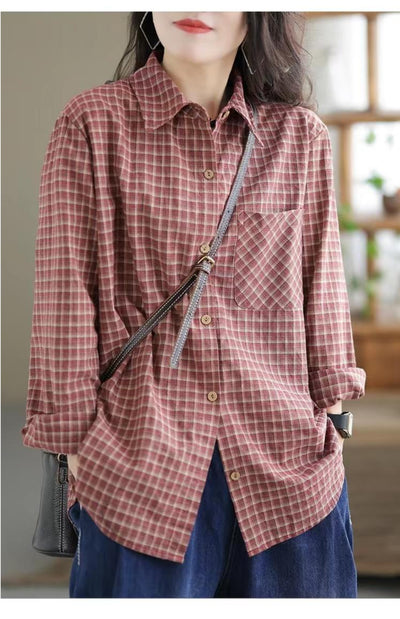 Women Retro Classic Loose Cotton Linen Plaid Shirts