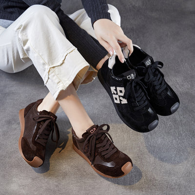Women Retro Genuine Leather Casual Mesh Sports Sneakers