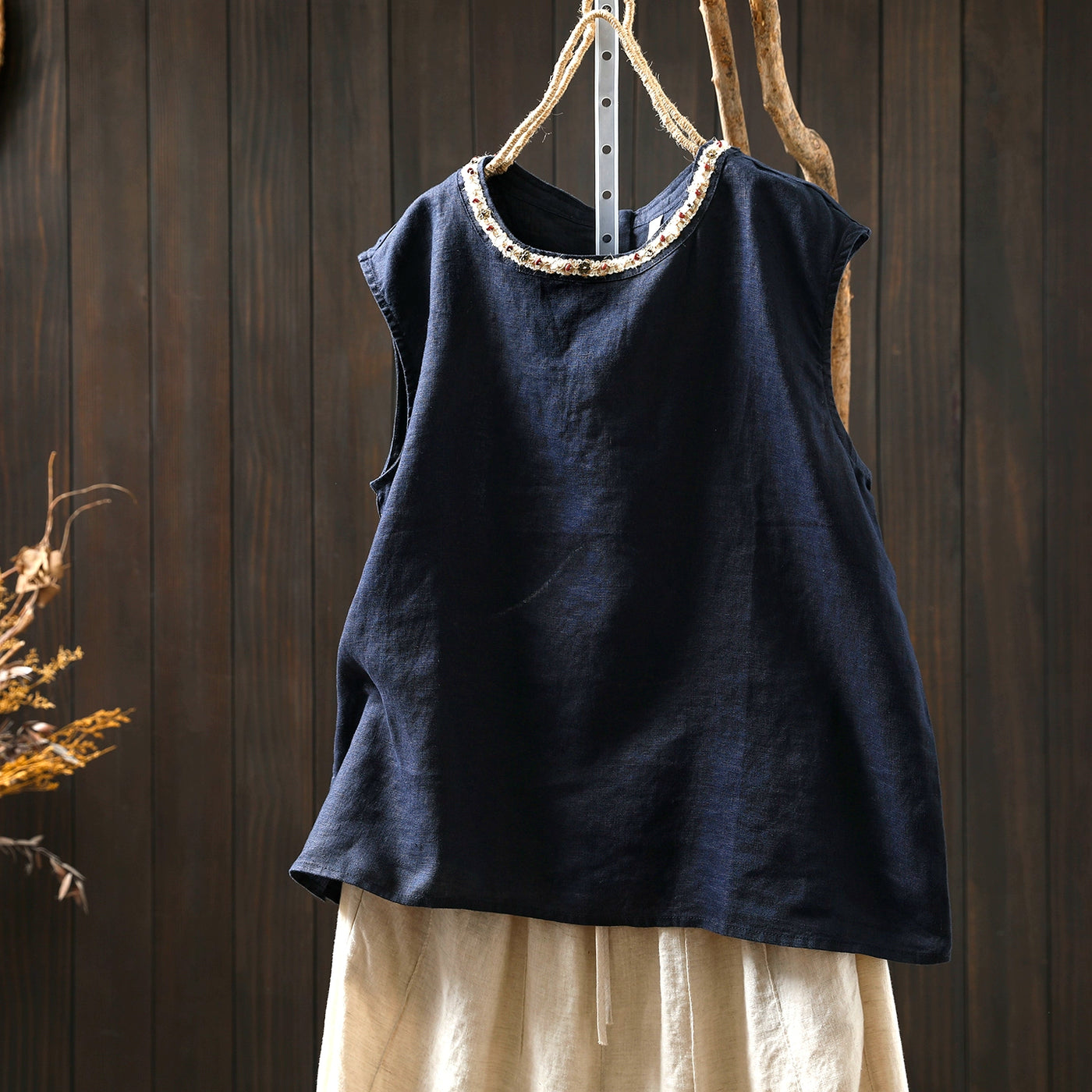 Women Summer Cool Linen Round Neck Sleeveless Tank Top