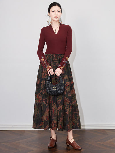 Babakud Autumn Retro Cotton Printed Loose A-Line Skirt