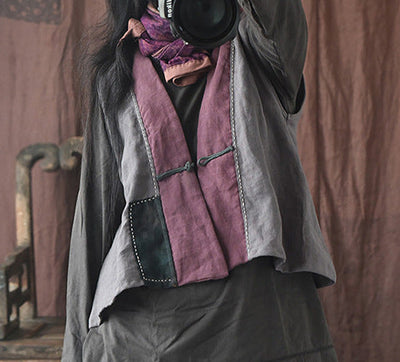 Women Retro Linen Patchwork Sleeveless Linen Vest