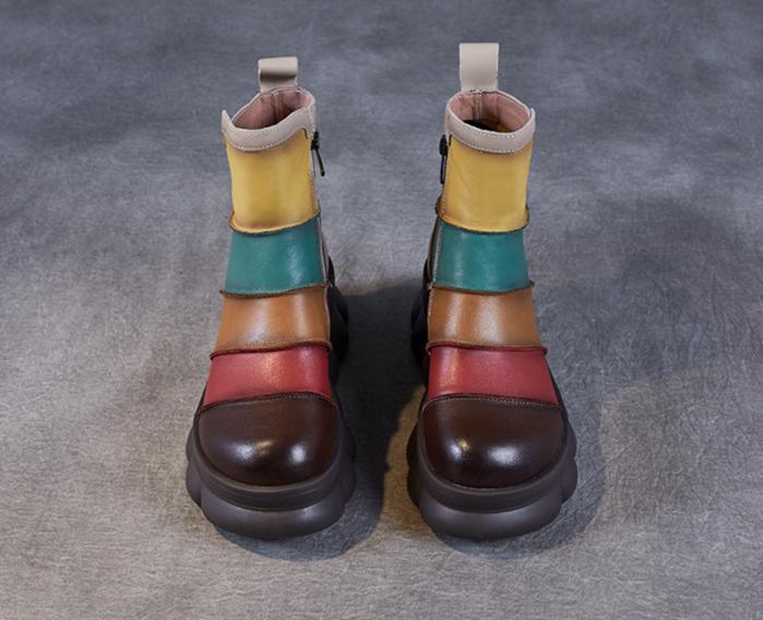 Women Vintage Color Block Platform Leather Short Boots