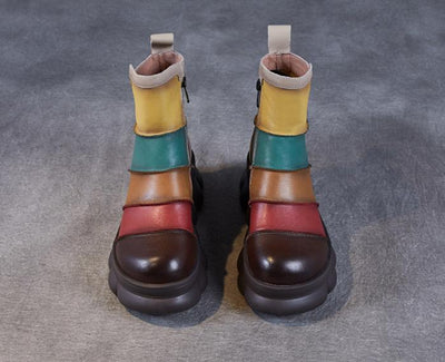 Women Vintage Color Block Platform Leather Short Boots