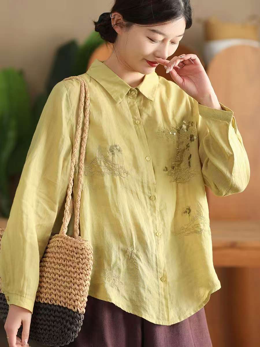 Autumn Retro Ramie Embroidered Loose Long Sleeves Shirt