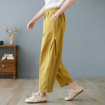 Women Summer Cotton Solid Color Elastic Waist Harem Pants
