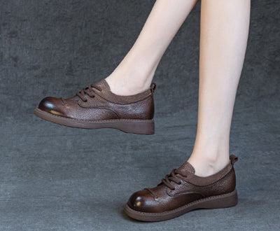 Women Black Brown Retro Genuine Leather Lace-Up Casual Shoes
